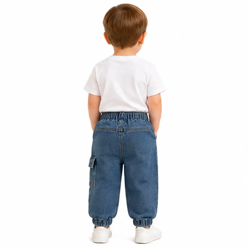Calças Cargo para Crianças Jeans Largas com Cintura Elástica em Algodão Denim
