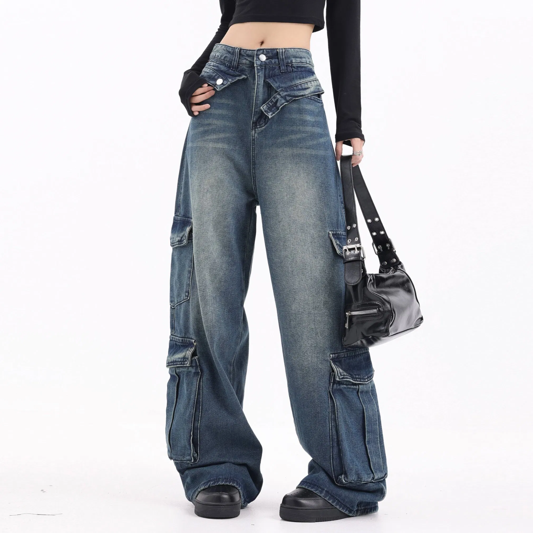 Calças jeans desgastadas, desfiadas e largas para mulheres, com múltiplos bolsos, estilo reto e solto, tendência hip-hop, respirável