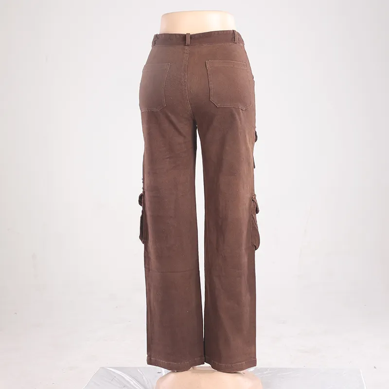 Calças de brim vintage femininas marrons de cintura alta, com pernas largas e múltiplos bolsos, calças cargo respiráveis, estilo de rua