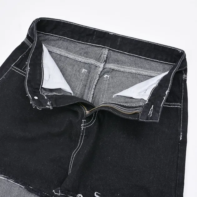Calças jeans skinny de denim preto em patchwork listrado com acetato para homens