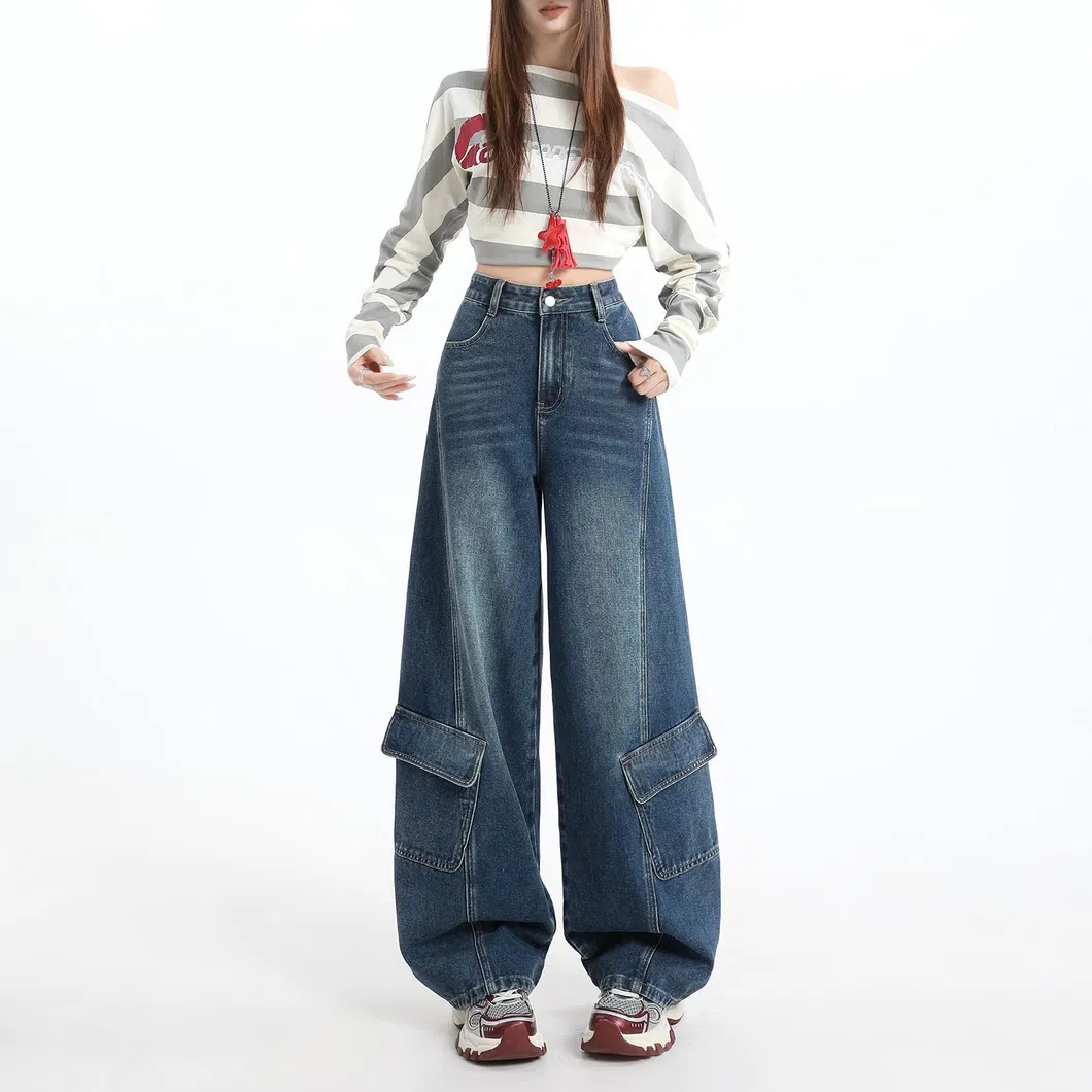 Baixa MOQ Calças Cargo Baggy Femininas de Cintura Alta Jeans Vintage Lavados de Perna Larga Moda de Rua