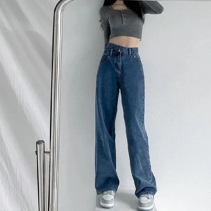 Calças Jeans Femininas Azuis de Cintura Alta Casuais Respiráveis com Franjas Largas