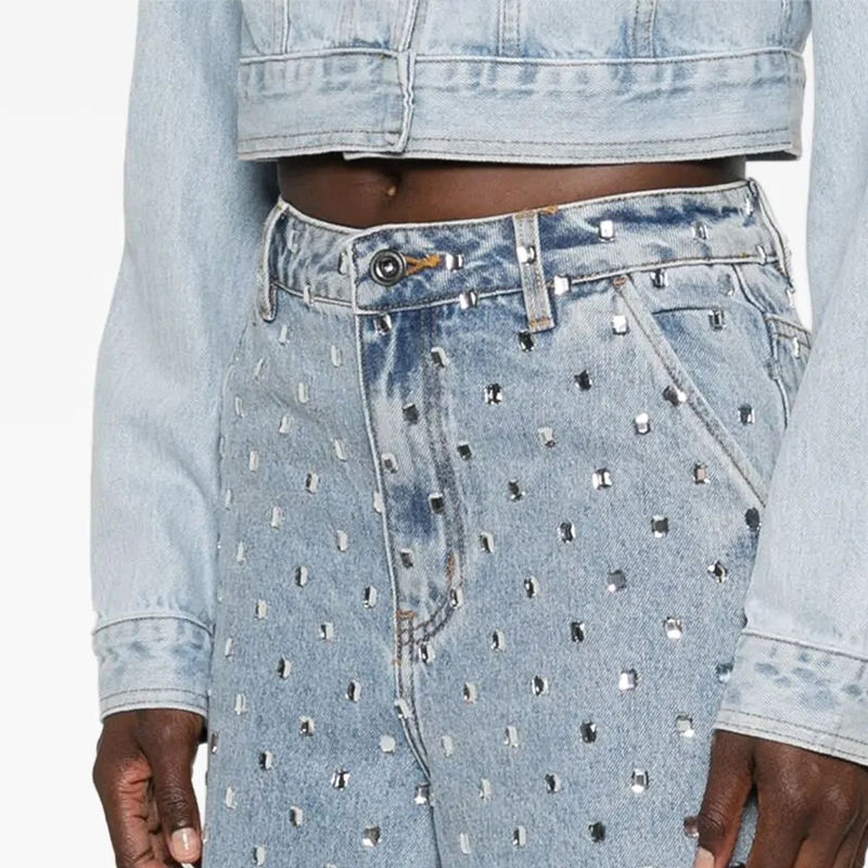 Jeans femininos de cintura baixa, corte reto, soltos, com lavagem retro e diamantes, brilhantes, estilo de rua sexy, roupa casual