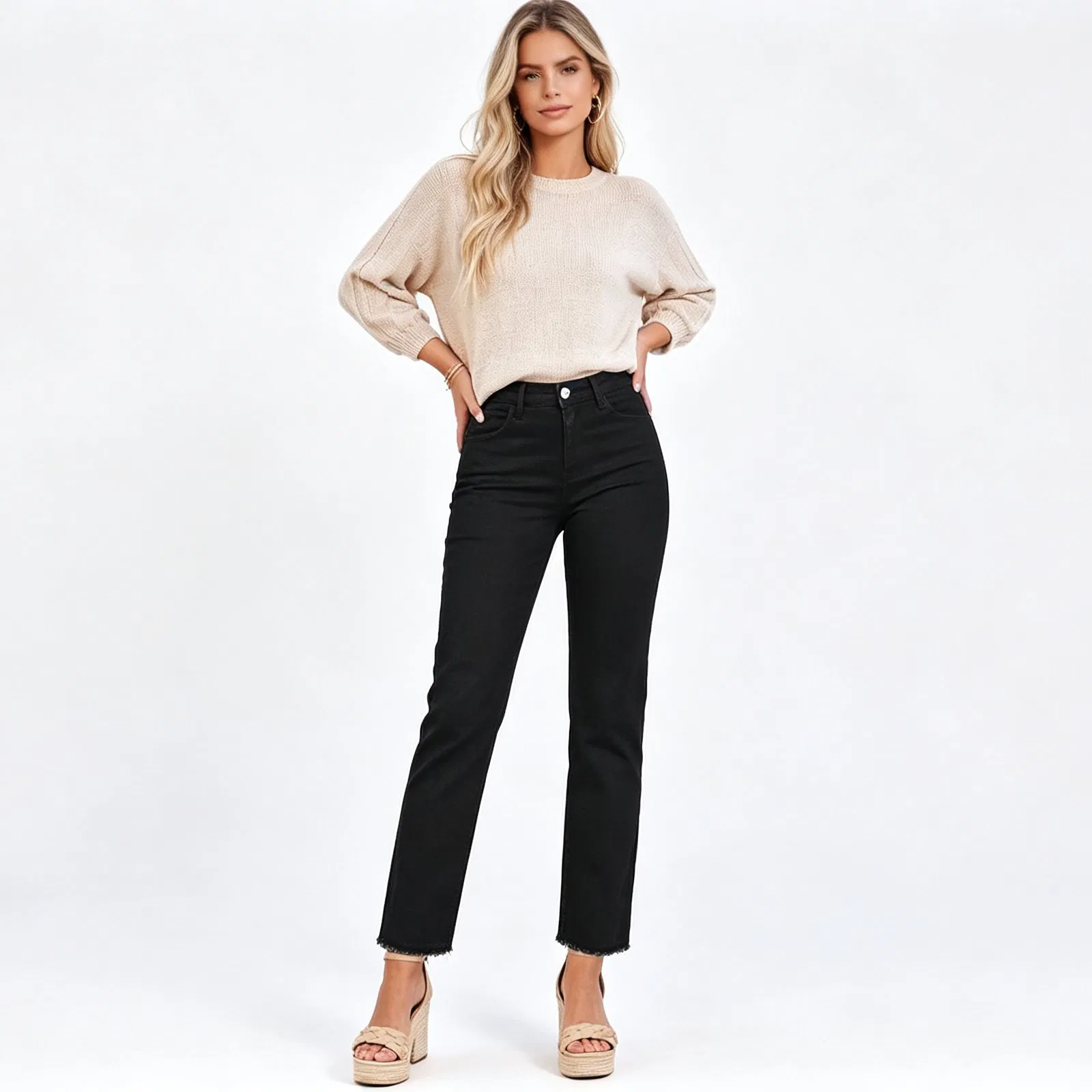 Calças de jeans cropped de cintura média para mulheres, com barra desfiada e pernas retas em denim stretch