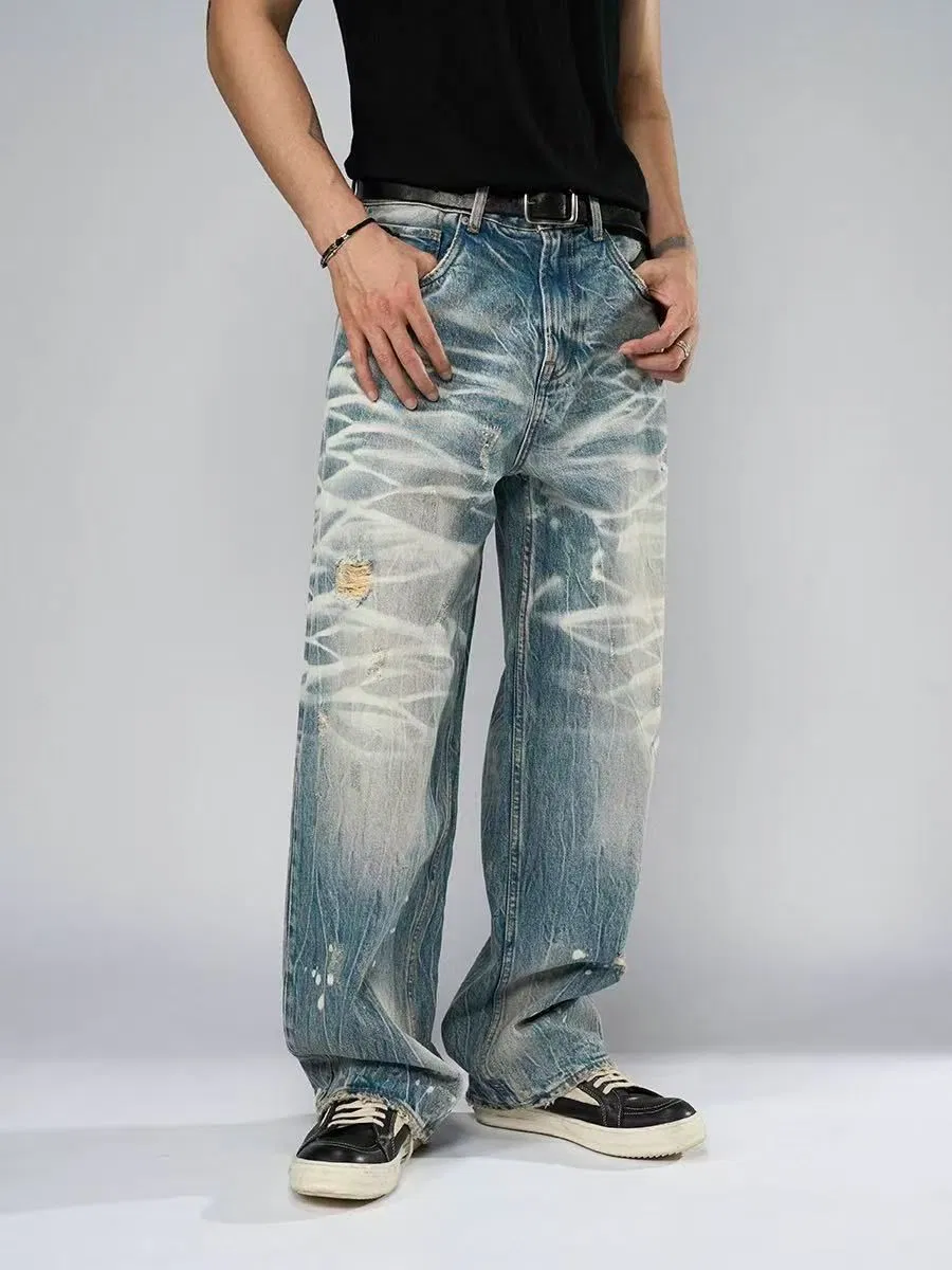 Calças Jeans Masculinas Tendência Rua Desgastadas Gradiente Largas Retas