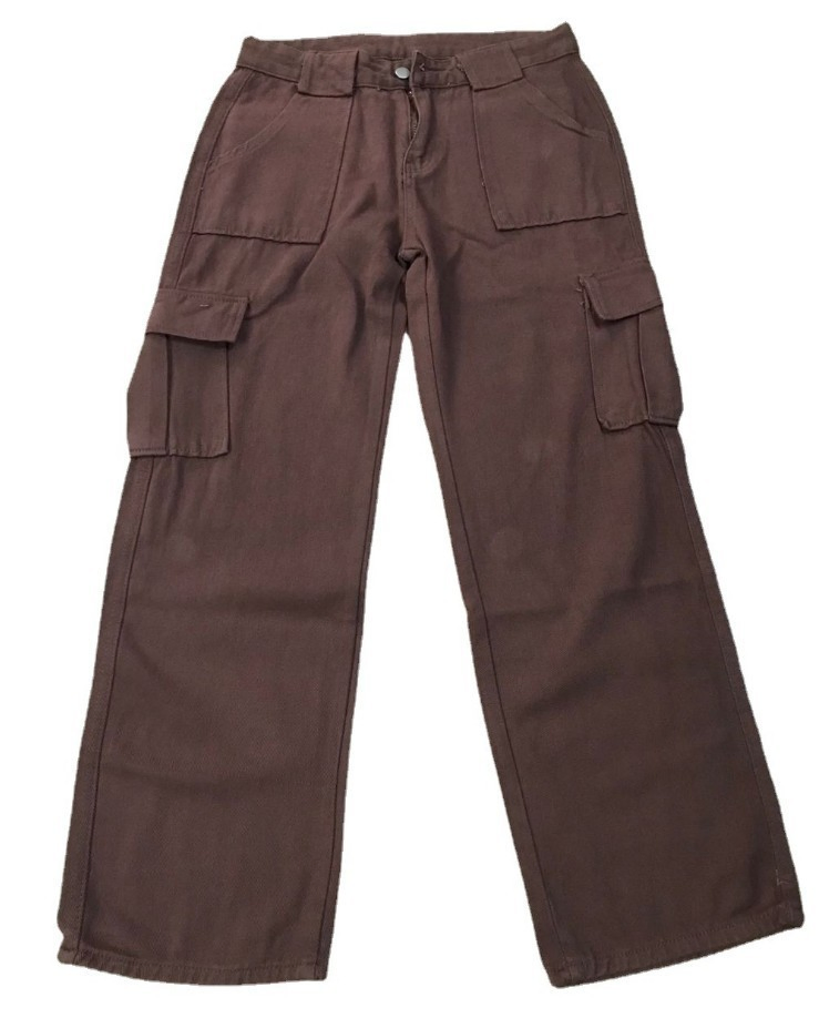 Calças jeans casuais soltas de cintura média com costura de bolso para mulheres