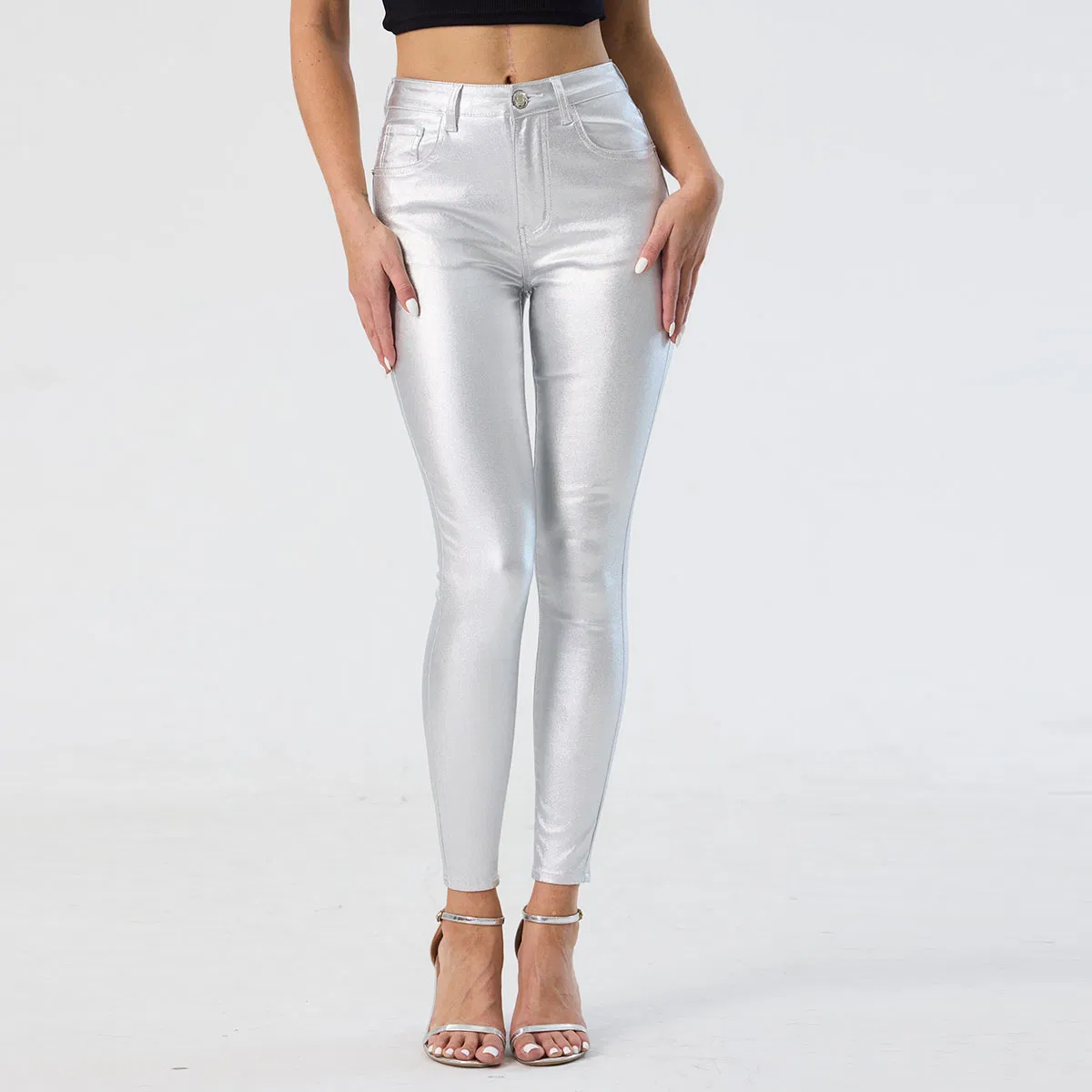 Leggings Prateadas Personalizadas de Cintura Alta, Tendência Feminina, Calças Skinny Casuais