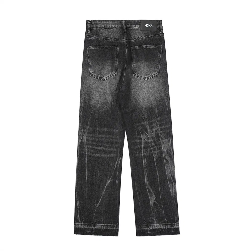 Calça casual masculina preta de algodão solta e larga, calça jeans denim original de fábrica