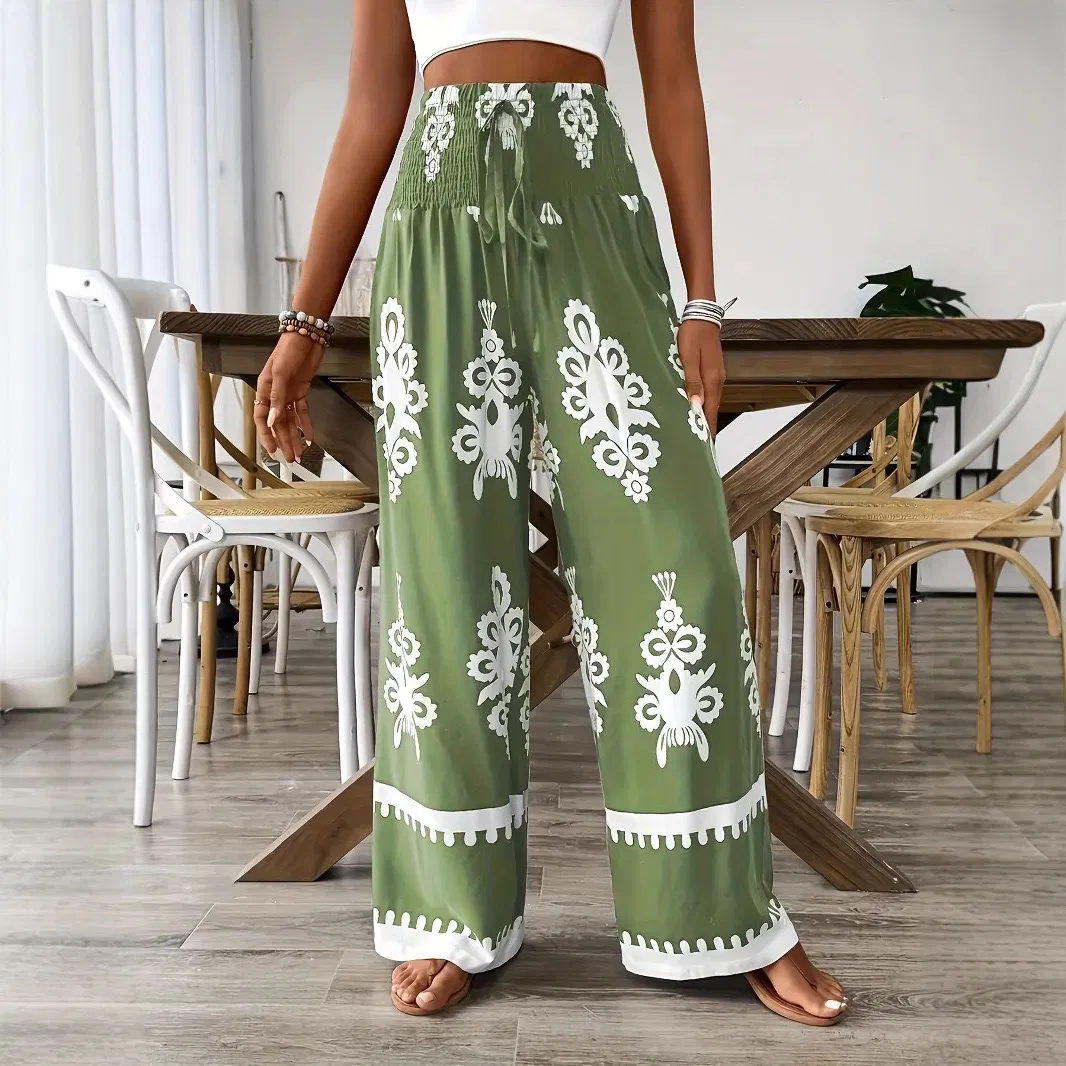 Roupas esportivas casuais femininas com padrão de renda, calças de cintura alta e perna larga