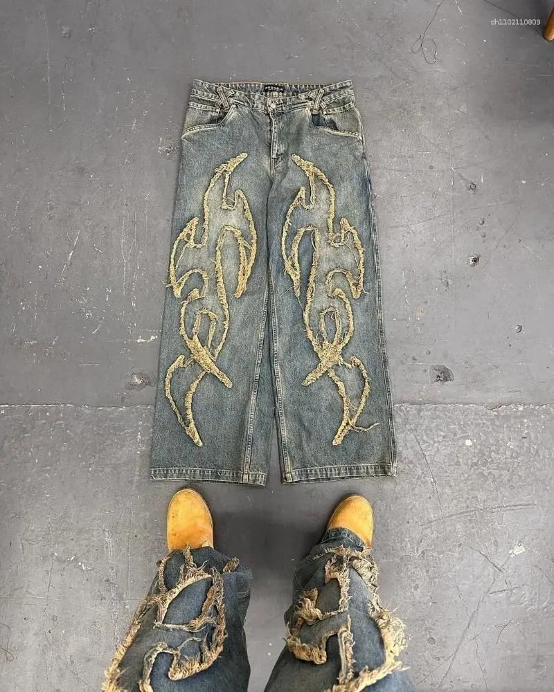 Y2K Jeans Masculinos Bordados Harajuku Hip Hop, Vintage, Corte Solto, Cintura Alta, Streetwear Gótico, Estilo Vintage, Perna Larga para Uso Casual e Fashion