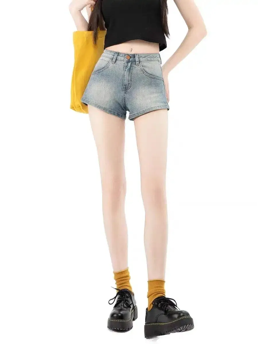 Shorts de Jeans de Cintura Alta para Mulheres, Casual, Ajuste Slim, Jeans Rasgado