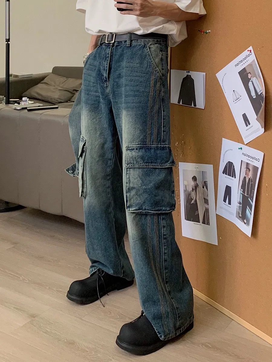 Calças casuais largas retas com bolsos grandes, macacão de denim para homens