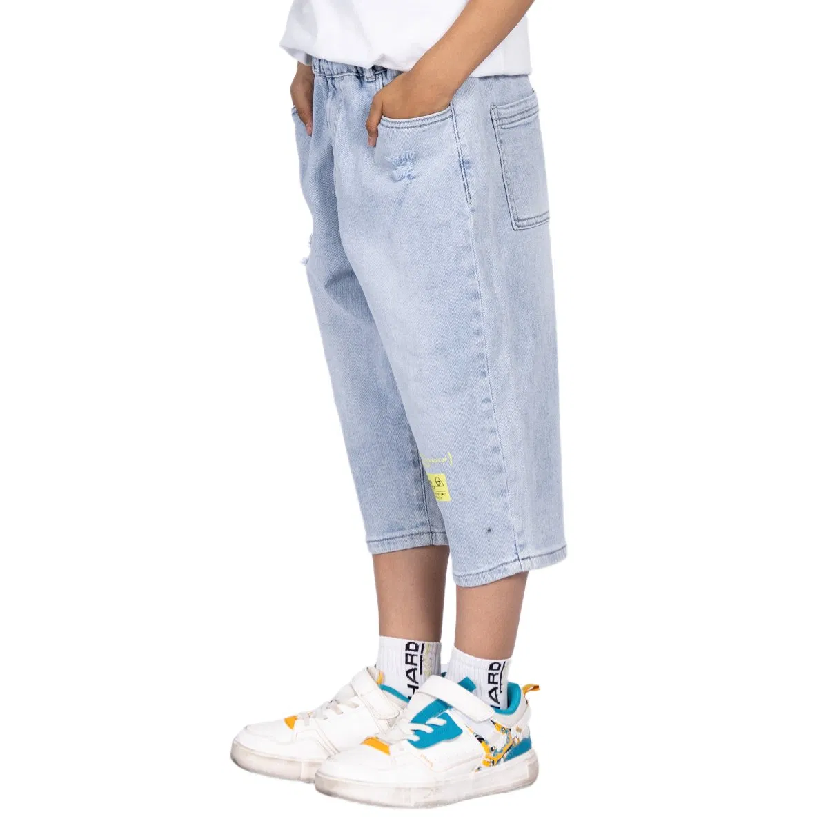 Calças infantis de algodão macio, denim lavado, azul claro, nove pontos de verão personalizadas