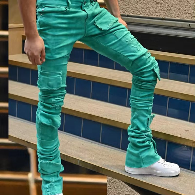 Jeans Slim Fit OEM Atacado Masculino Cintura Média Moda Jeans Empilhados de Alta Qualidade Calças Masculinas Jeans