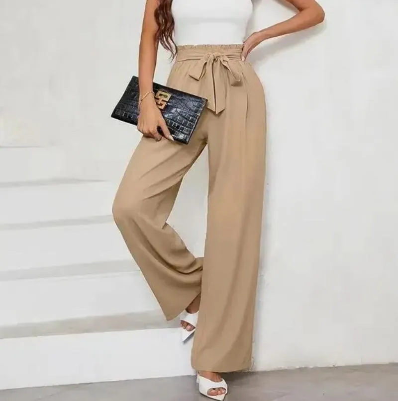 Calças de Algodão Soltas de Cintura Alta para Mulheres, Perna Larga, Estilo Fashionável