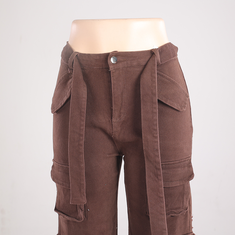 Calças de brim vintage femininas marrons de cintura alta, com pernas largas e múltiplos bolsos, calças cargo respiráveis, estilo de rua