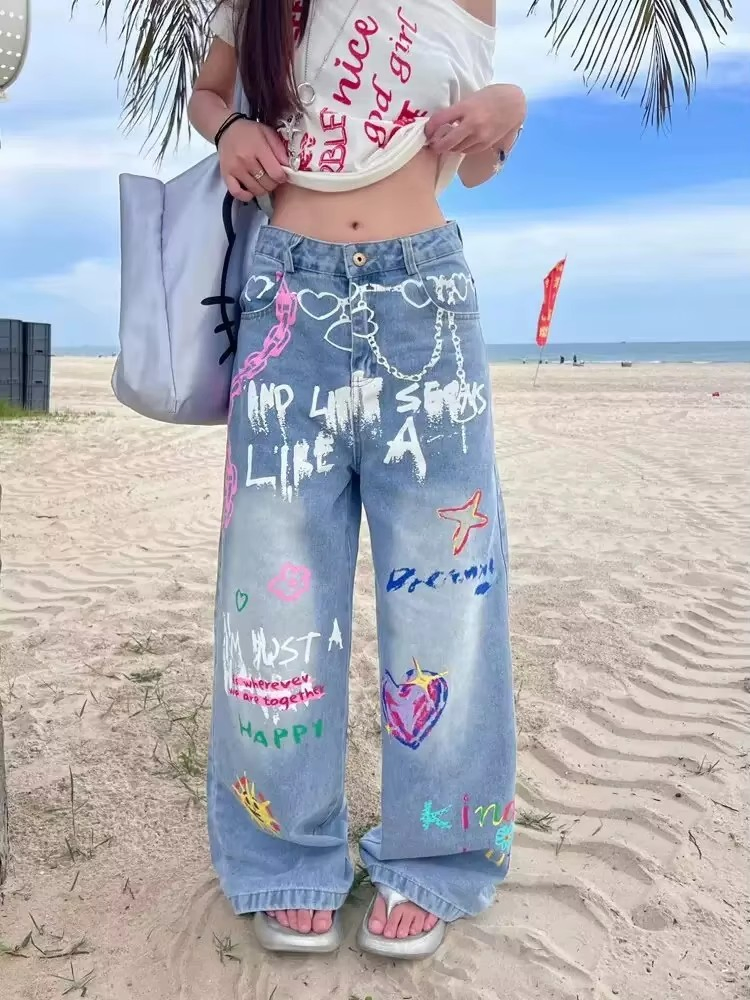 Calças Jeans de Cintura Alta Femininas com Estampa Retrô, Estilo Confortável para Primavera Verão XL
