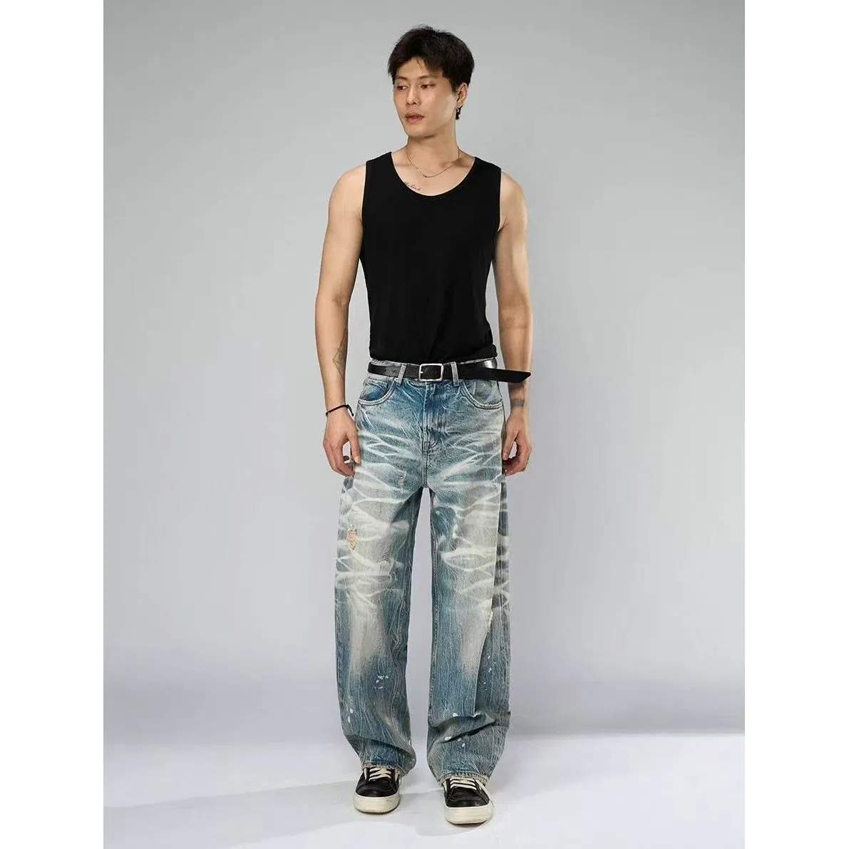Calças Jeans Masculinas Tendência Rua Desgastadas Gradiente Largas Retas