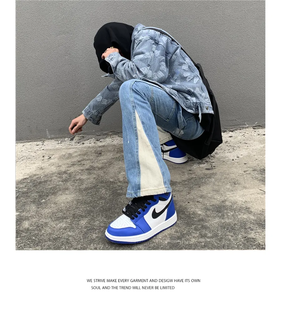 Calça Jeans Masculina Micro Flare com Pintura Desgastada à Mão e Costura, Estilo Personalidade, Corte Reto e Solto em Denim