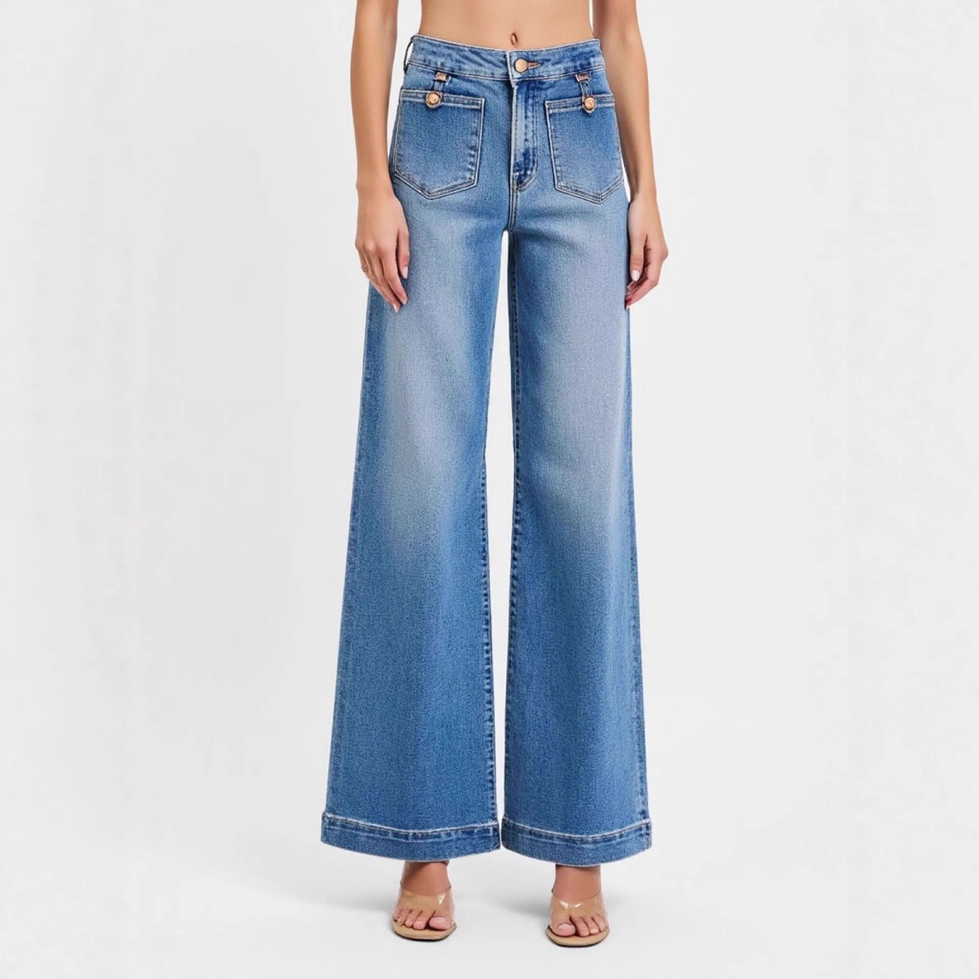 Calças Jeans Femininas Plus Size Stretch para Escritório Casual com Bolso Cargo e Costura em Contraste Marca Comprador OEM ODM Jeans Personalizados