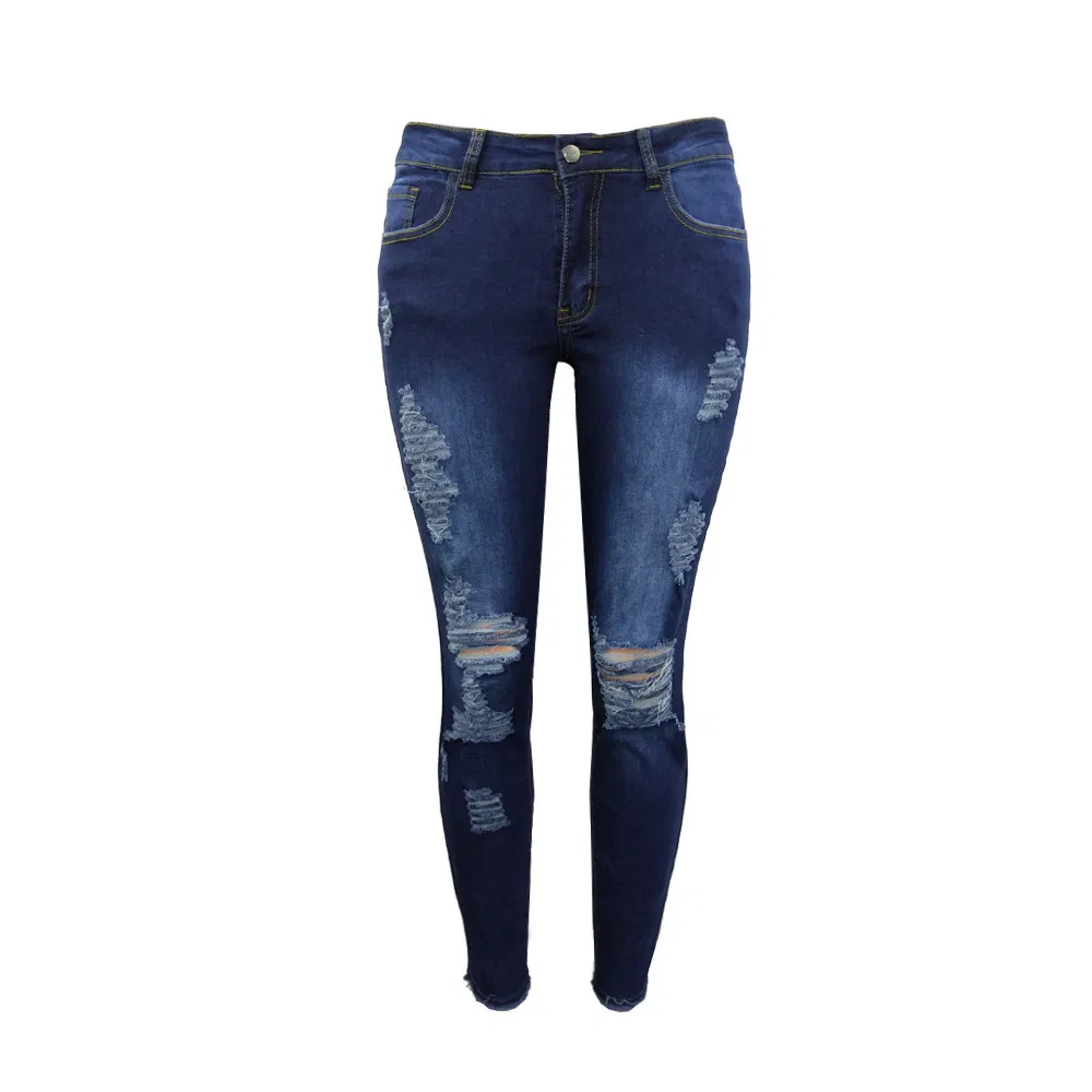Calças cargo rasgadas femininas personalizadas, jeans slim stretch em denim