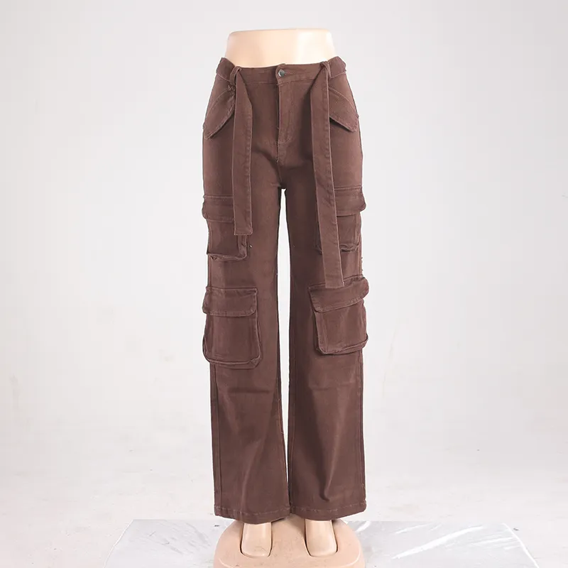 Calças de brim vintage femininas marrons de cintura alta, com pernas largas e múltiplos bolsos, calças cargo respiráveis, estilo de rua