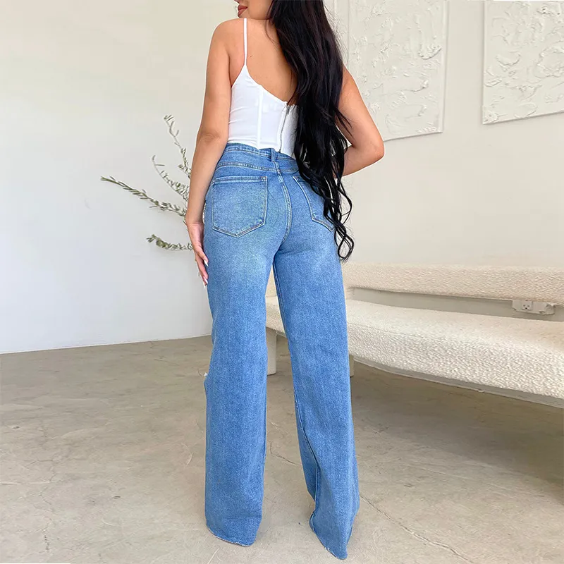Calças de Jeans Femininas Atacado, Calças para Mulheres, Jeans Rasgado com Barra Desfiada, Moda Feminina, Jeans Baggy