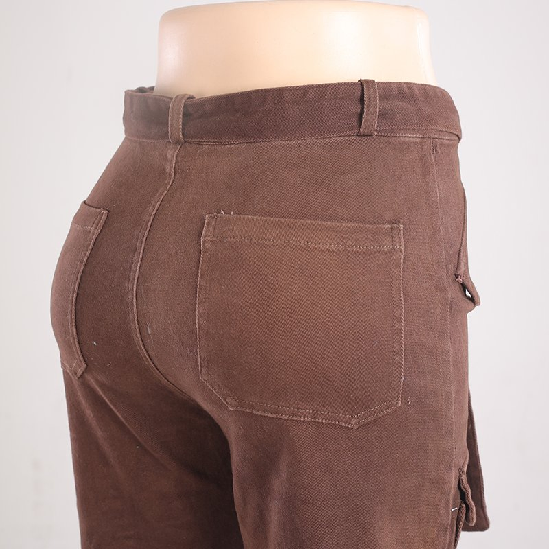 Calças de brim vintage femininas marrons de cintura alta, com pernas largas e múltiplos bolsos, calças cargo respiráveis, estilo de rua