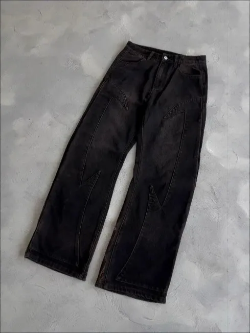 Calças jeans masculinas de denim pretas, oversized, de perna reta, acid washed, vintage