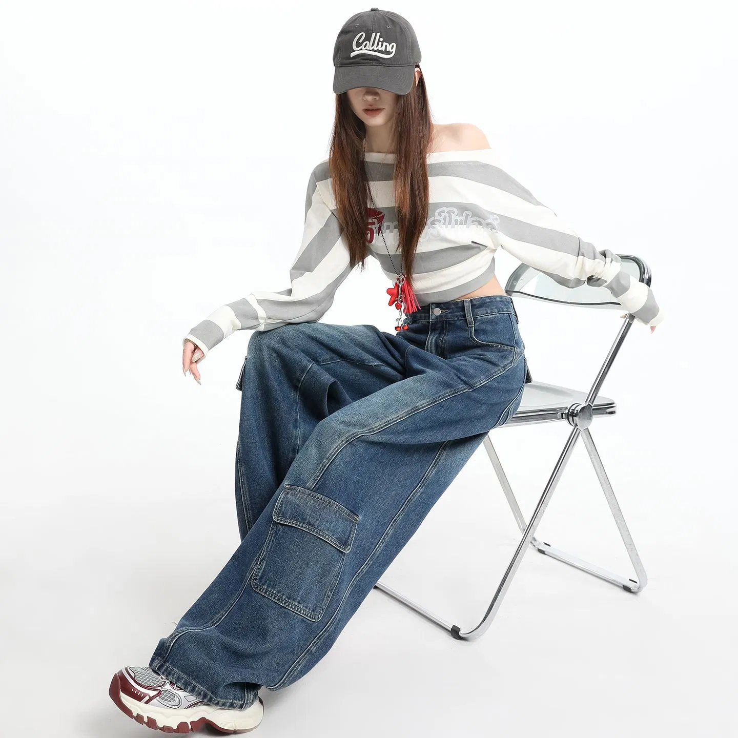 Baixa MOQ Calças Cargo Baggy Femininas de Cintura Alta Jeans Vintage Lavados de Perna Larga Moda de Rua