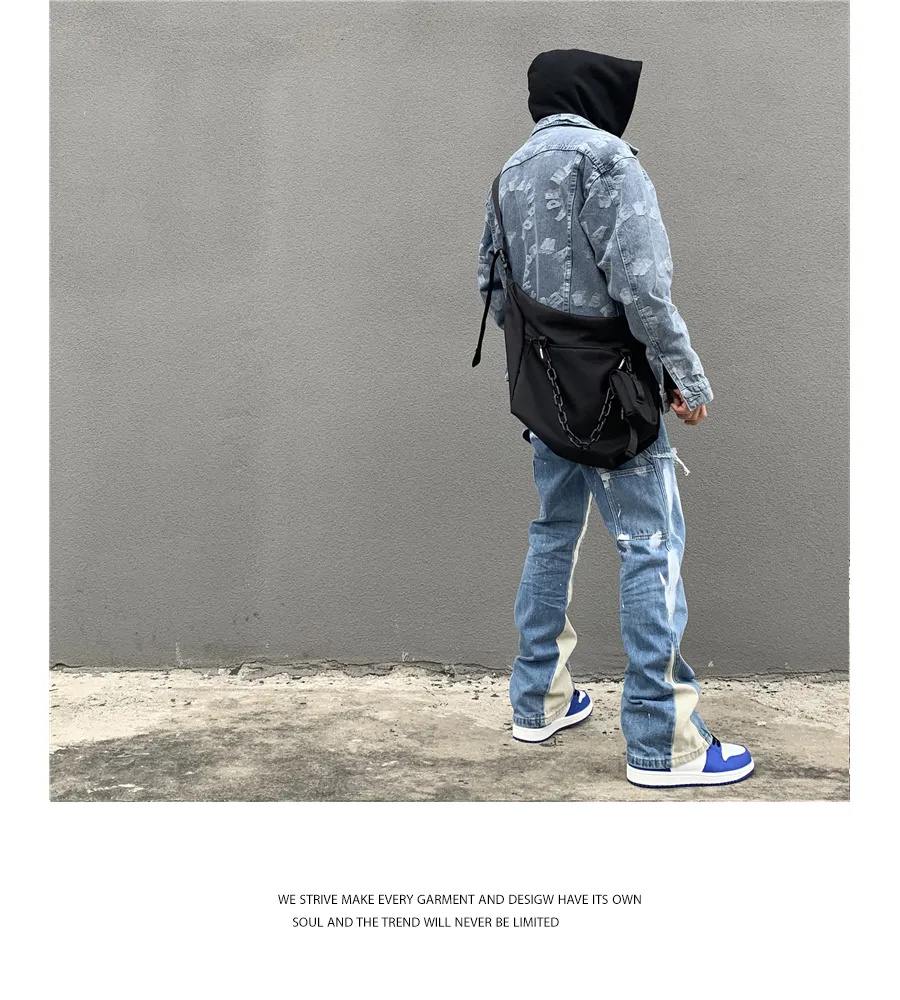 Calça Jeans Masculina Micro Flare com Pintura Desgastada à Mão e Costura, Estilo Personalidade, Corte Reto e Solto em Denim