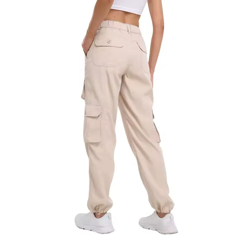 Novo Design de Calças Casuais de Trabalho Femininas de Cintura Alta, Largas e com Múltiplos Bolsos