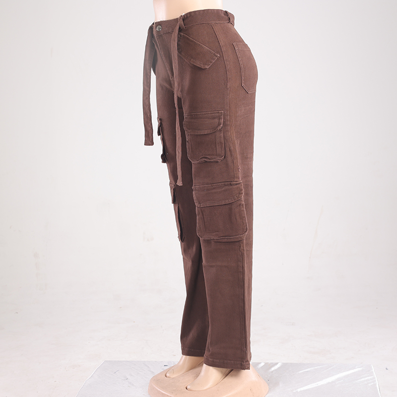 Calças de brim vintage femininas marrons de cintura alta, com pernas largas e múltiplos bolsos, calças cargo respiráveis, estilo de rua