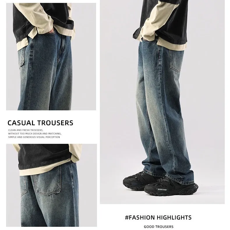 Calças largas versáteis de drapeado para homens estilo americano, tamanho grande, jeans vintage lavados estilo japonês