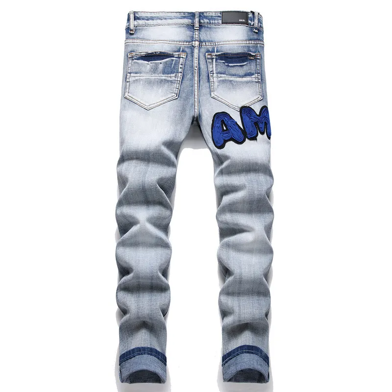 Calças masculinas jeans azul claro, tendência, elástico, slim, moda, calças masculinas Amir
