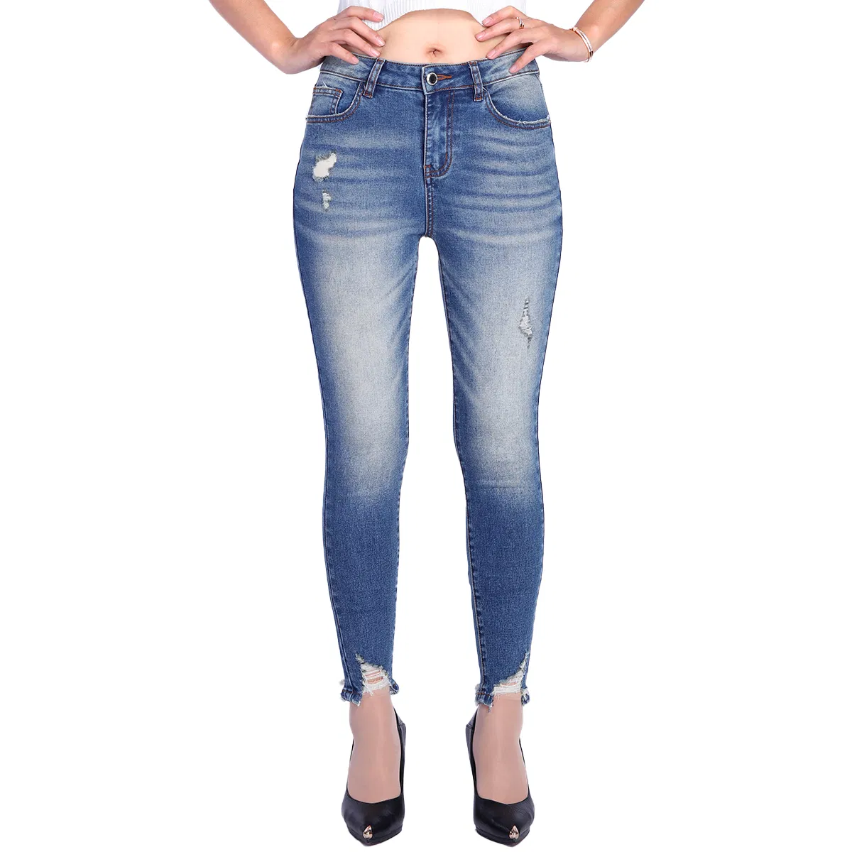 Calças skinny femininas de cintura alta rasgadas e desgastadas com barra crua vintage personalizadas