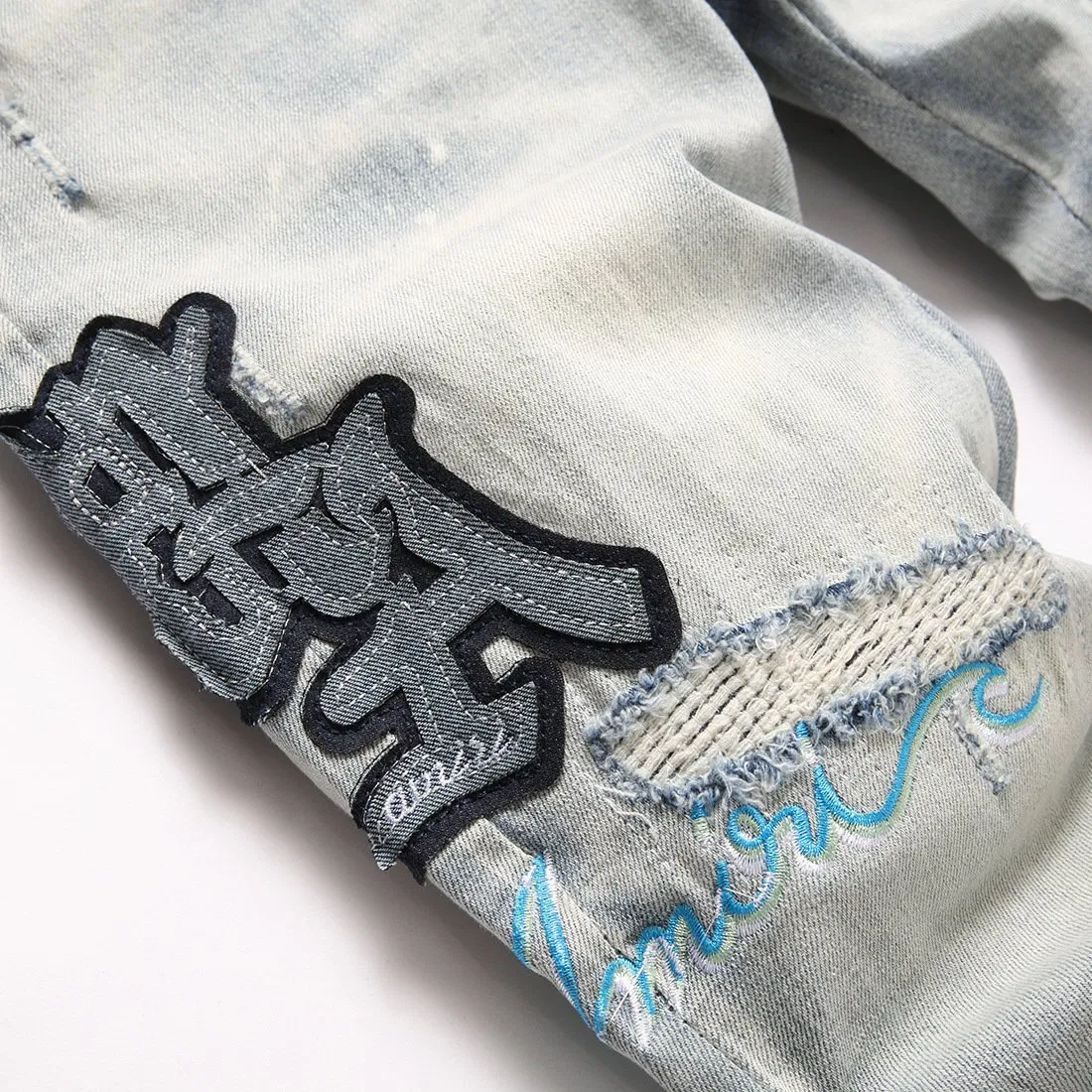 Fábrica Atacado Personalizado Logotipo de Marca Alta Qualidade Am Rasgado Azul Estrela Patches Ajuste Slim Jeans Skinny Masculinos Tendência