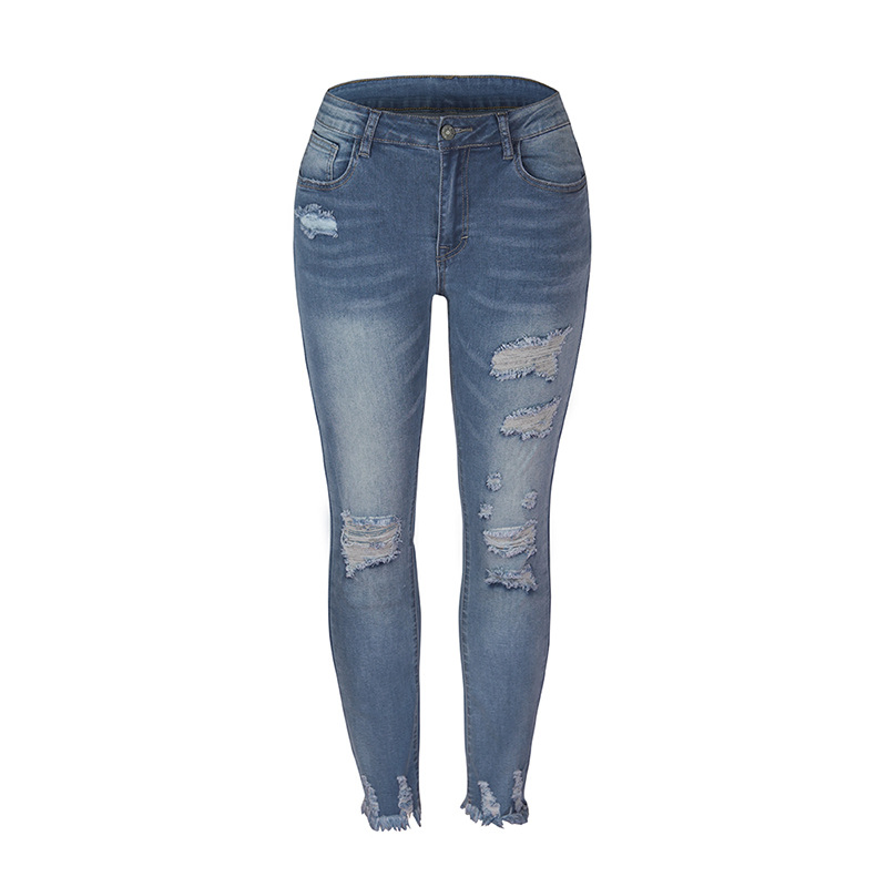 Calças de denim de alta elasticidade com tassel, auto-cultivação, desgastadas e usadas