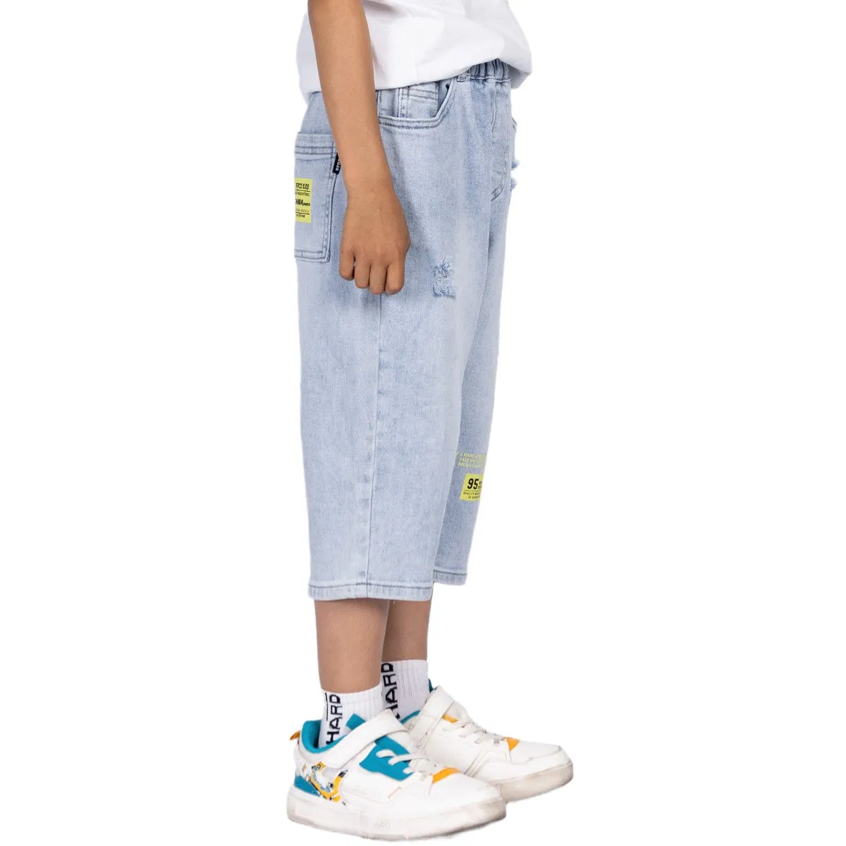 Calças infantis de algodão macio, denim lavado, azul claro, nove pontos de verão personalizadas