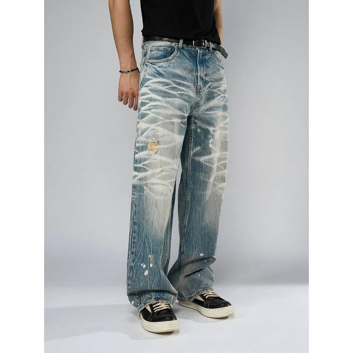 Calças Jeans Masculinas Tendência Rua Desgastadas Gradiente Largas Retas
