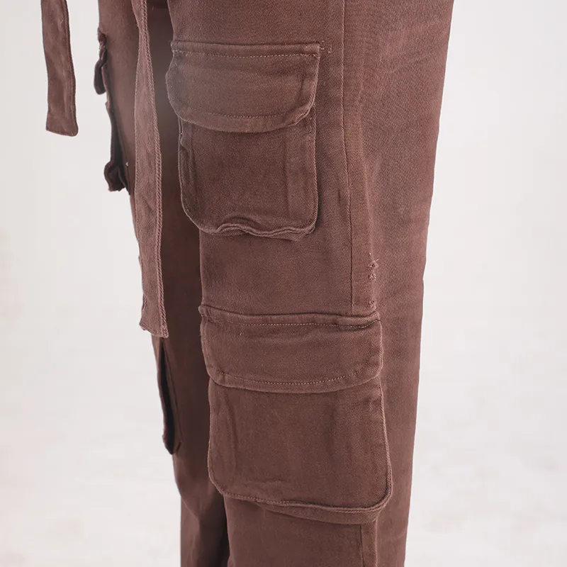 Calças de brim vintage femininas marrons de cintura alta, com pernas largas e múltiplos bolsos, calças cargo respiráveis, estilo de rua