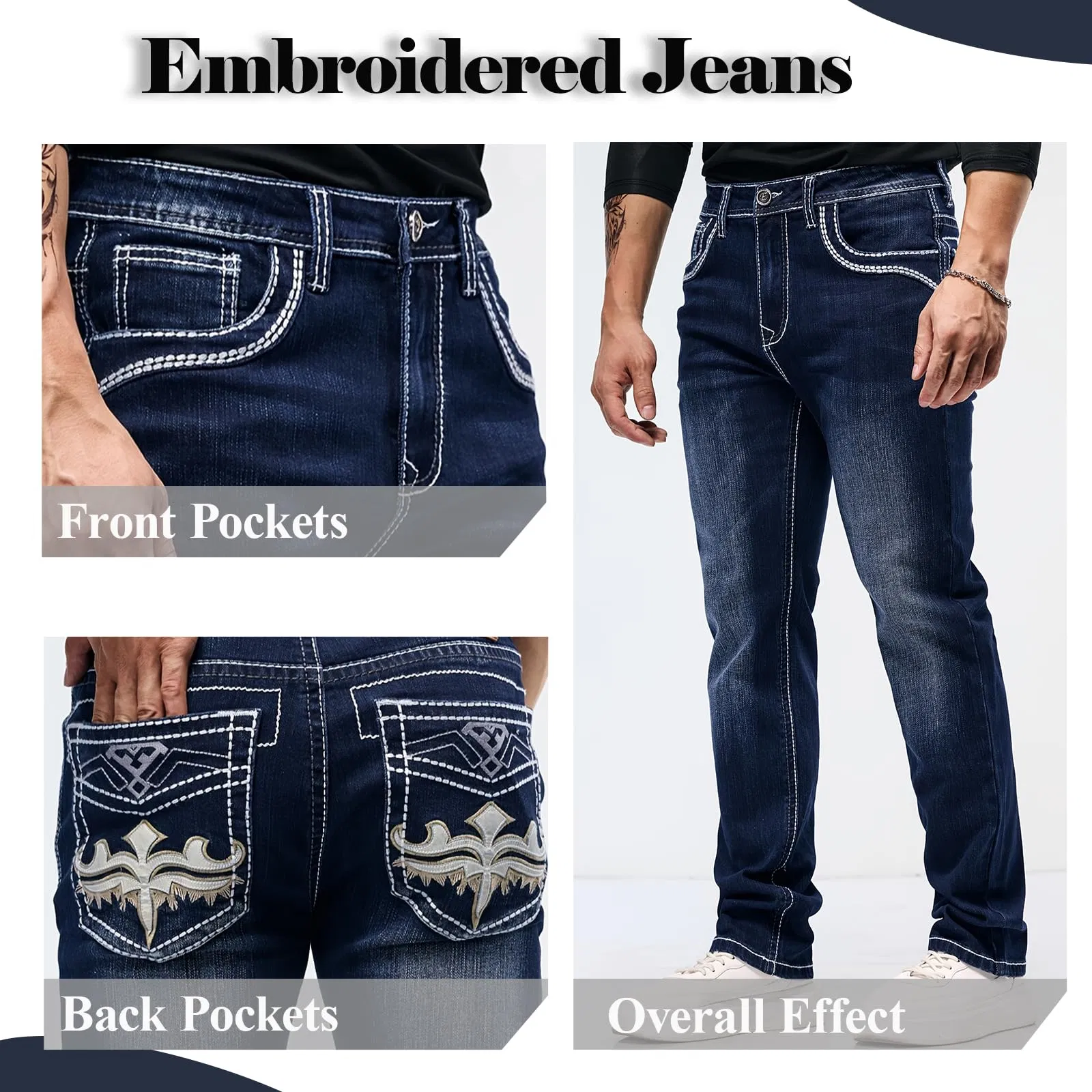 Calças Jeans Masculinas Premium com Detalhe em Botão, Secagem Rápida, Cintura Média, Corte Slim, Mistura de Poliéster e Algodão, Costura Reforçada, Acabamento Lavado