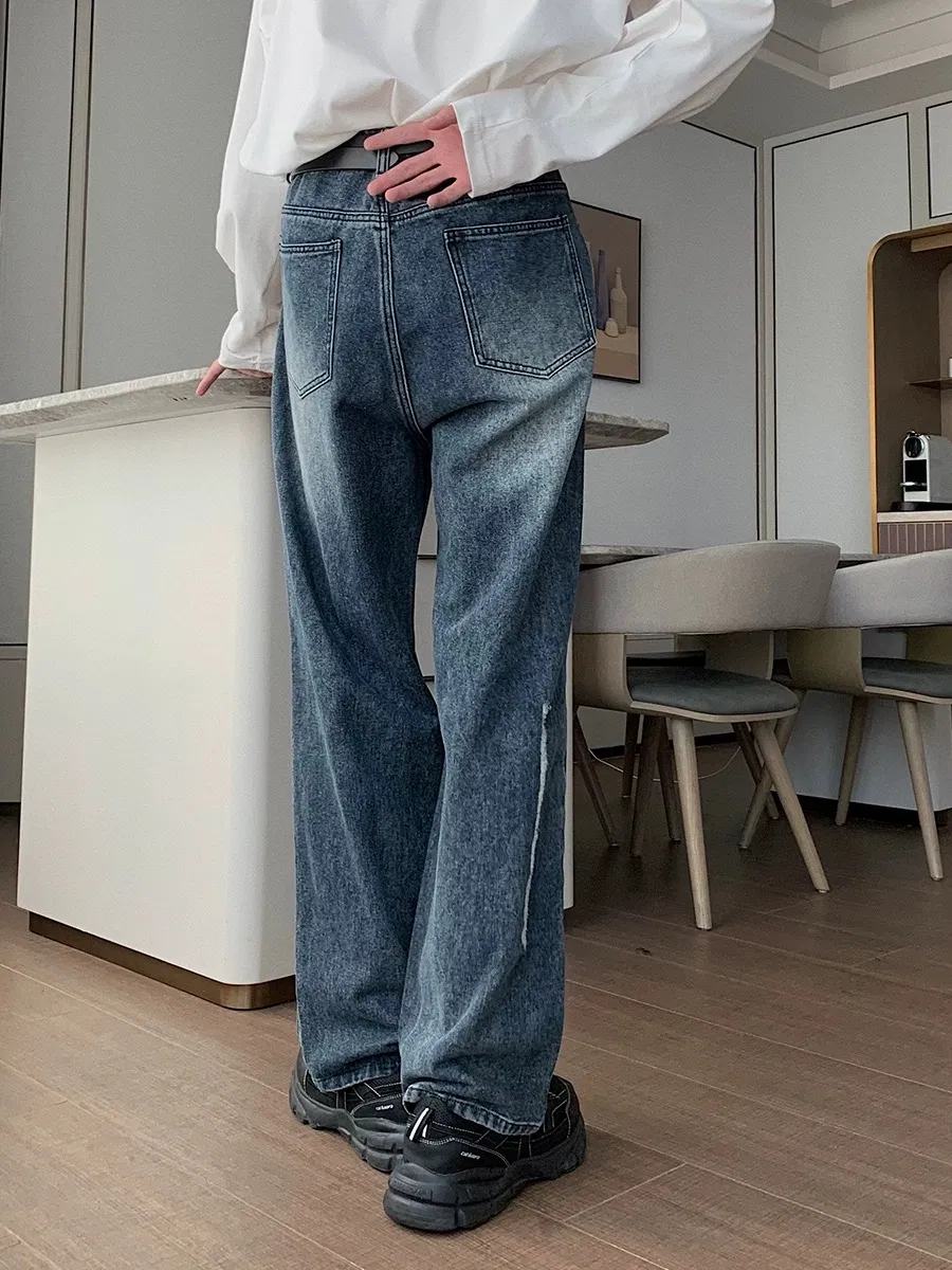Jeans Masculinos Estilosos e Quentes, Cintura Média, Lavagem Solta, Design com Rasgos no Joelho para Uso Casual de Rua