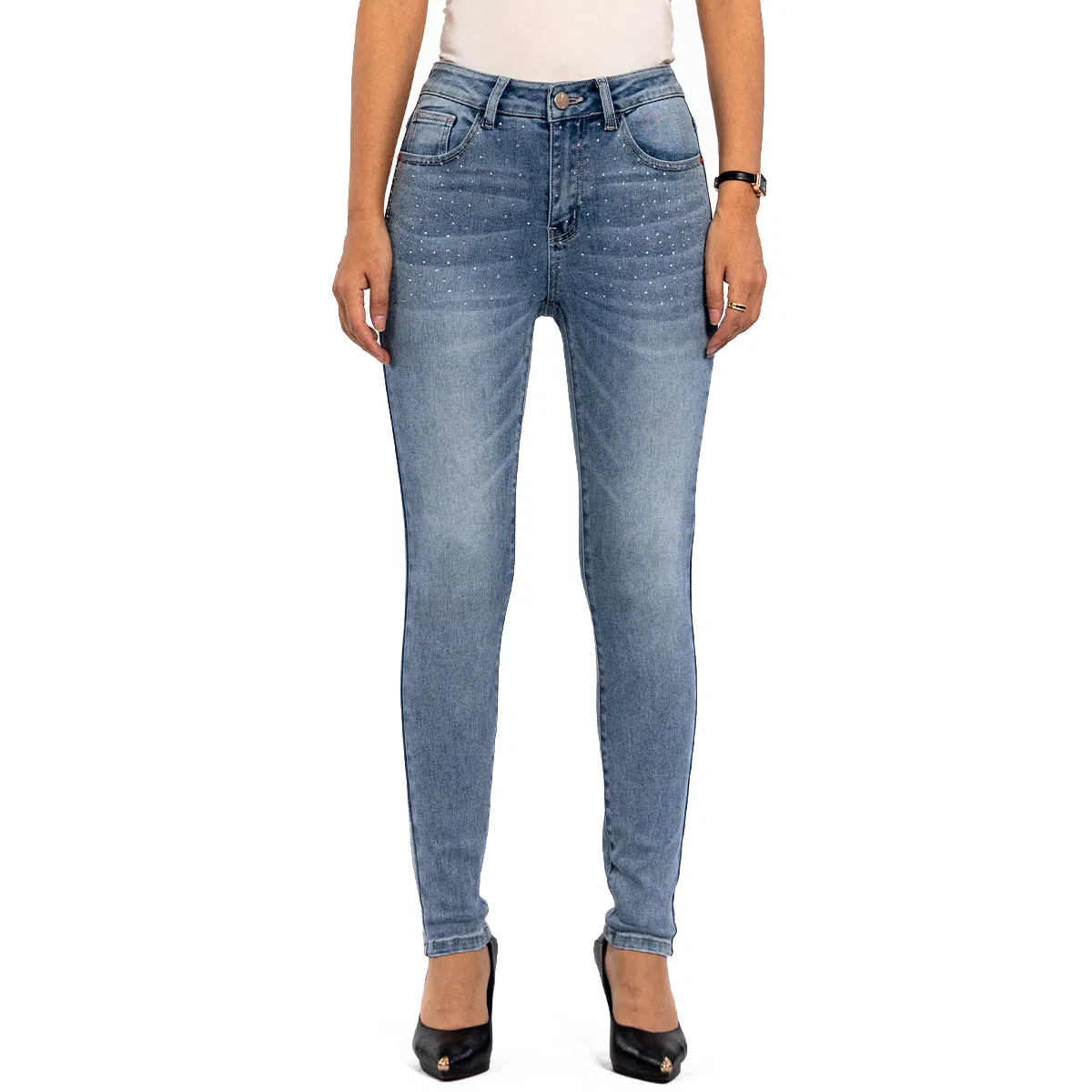 Calças de Denim Azul Claro com Lantejoulas e Strass de Cintura Alta, Skinny e com Stretch para Mulheres
