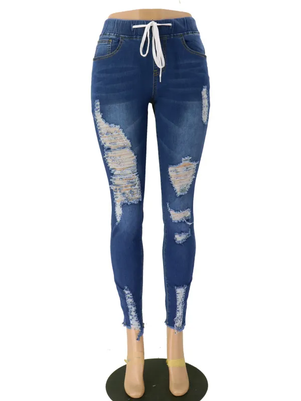 Calças de Moda Azuis Rasgadas Com Buracos Stretch para Mulheres Jeans Femininos; S Jeans
