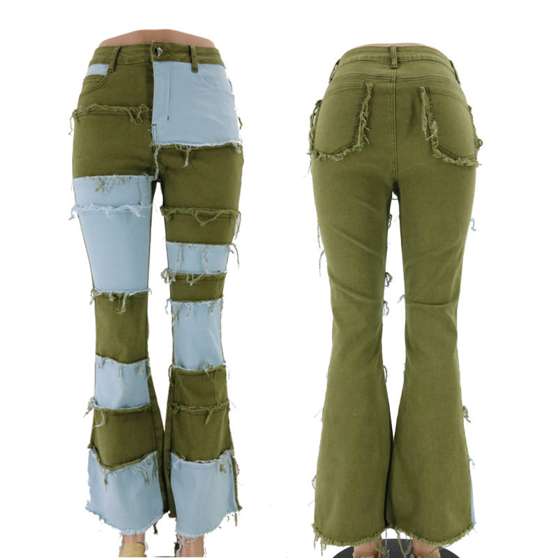 Calças Flare Skinny de Cintura Alta em Patchwork Contrastante