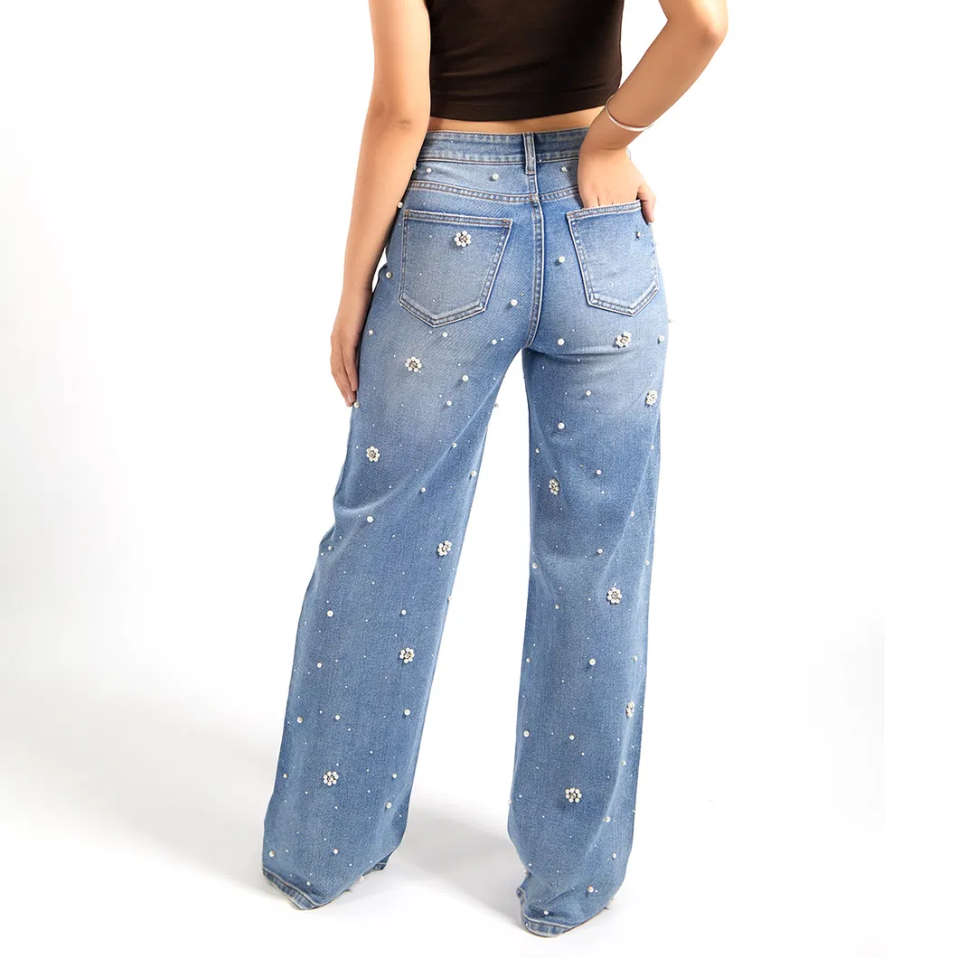 Fabricante de Guangzhou Calças Jeans Femininas Azuis de Cintura Alta e Perna Larga Personalizadas