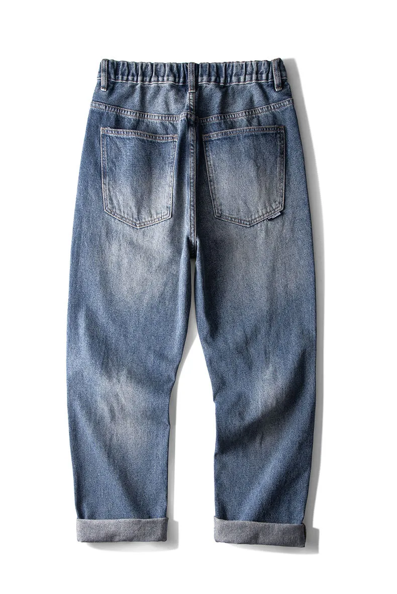 Calças largas versáteis de drapeado para homens estilo americano, tamanho grande, jeans vintage lavados estilo japonês
