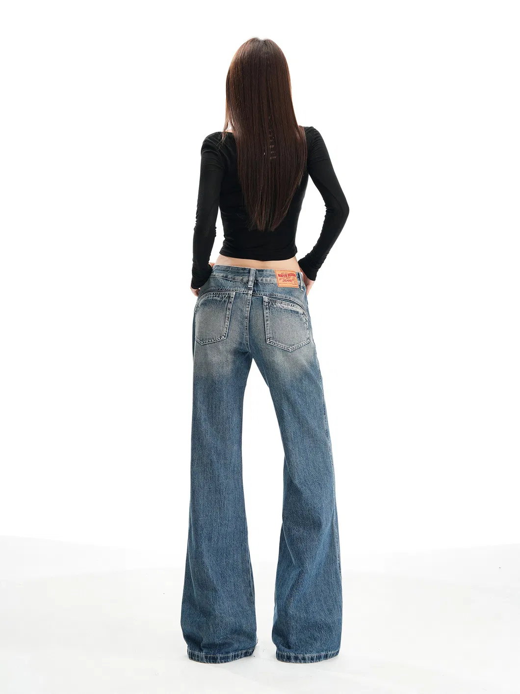 Baixa MOQ Calças Jeans Flare Vintage Lavadas para Mulheres de Cintura Alta Relaxadas com Pernas Largas Retro