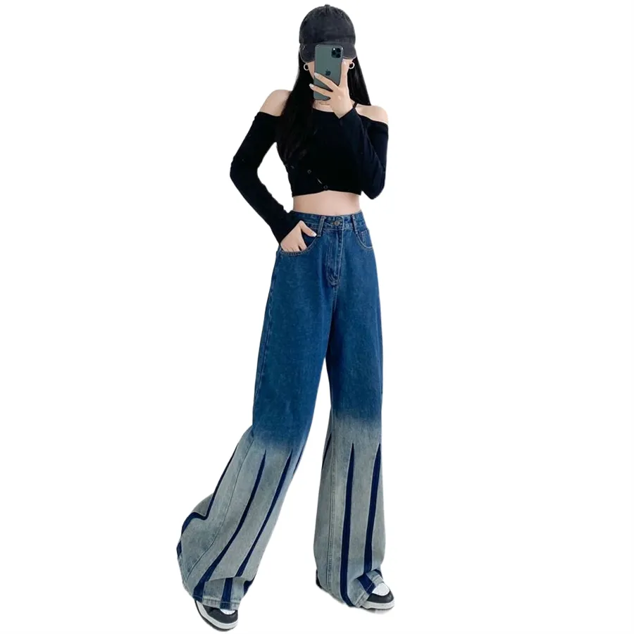 Calças de Denim Femininas de Largura Larga com Estampa Batik em Gradiente de Cores da Primavera e Outono, Design Relaxado com Corte Reto e Comprimento até o Chão